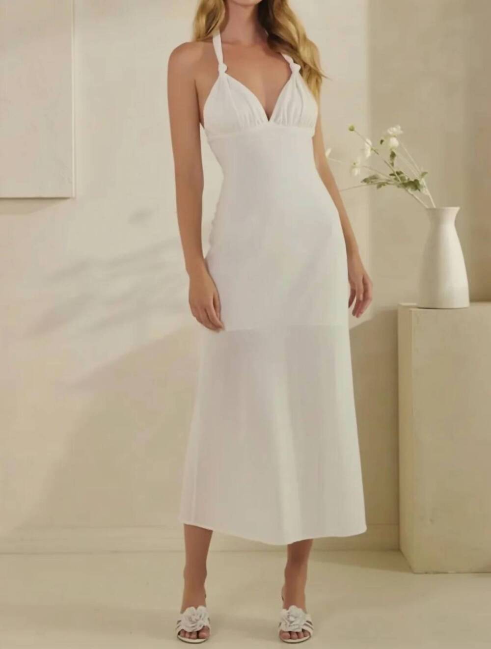 NEW HONEY MANGO knot halter maxi dress in white